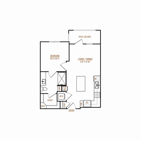 A floor plan of a house with a bedroom, living room, and kitchen.